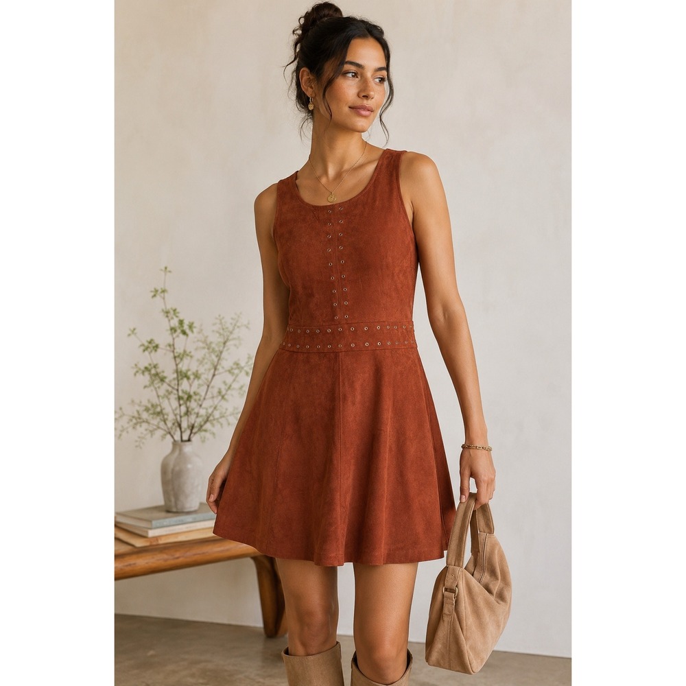 Express NWT Faux Suede Studded Fit & Flare Dress Brown Size 10